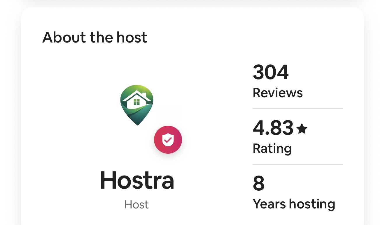 Hostra Airbnb host profile showing 304 reviews, 4.83 rating and 8 years hosting